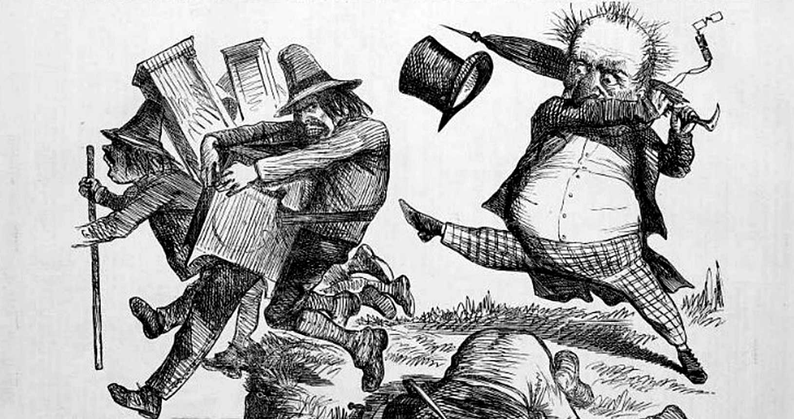 Kampf des Bürgertums gegen wandernde Straßenmusiker in England, Zeichung Zeitschrift "Punch" (1866) - Public Domain