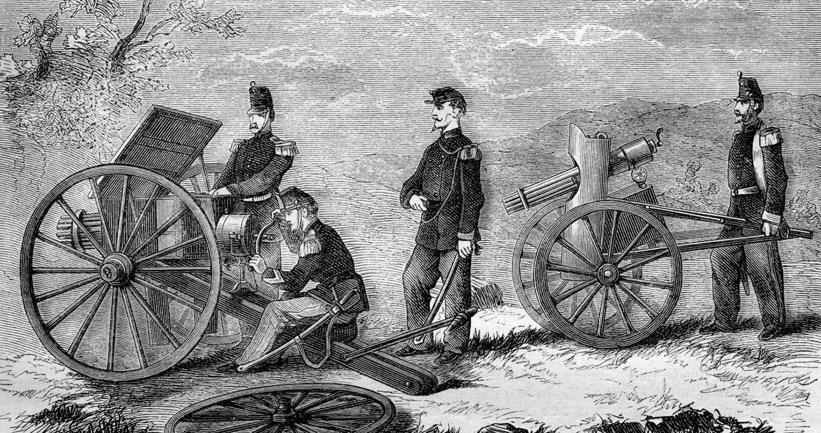 Einsatz der Mitrailleuse, eines der ersten Maschinengewehre, im Deutsch-Französischen Krieg, Illustration aus Zeitschrift "Alte und neue Welt" (1871) - Public Domain