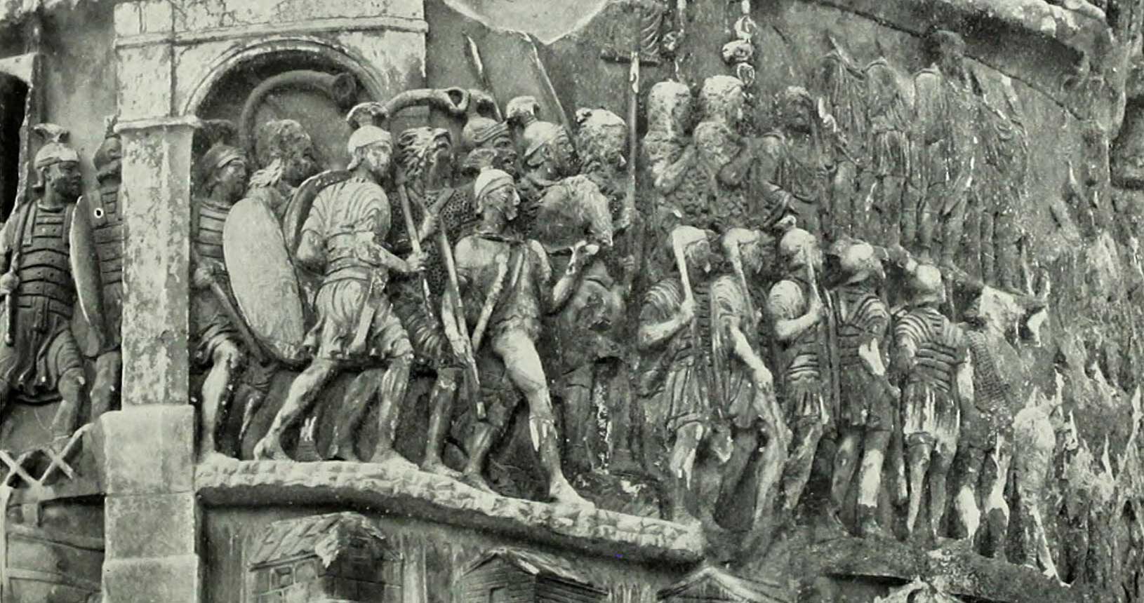 Legionäre im Krieg mit Cornicen, Schwertern und Pilum